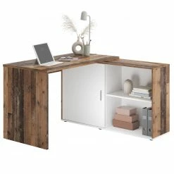 Winkelschreibtisch - Old Wood - weiß - 4 Ablagen