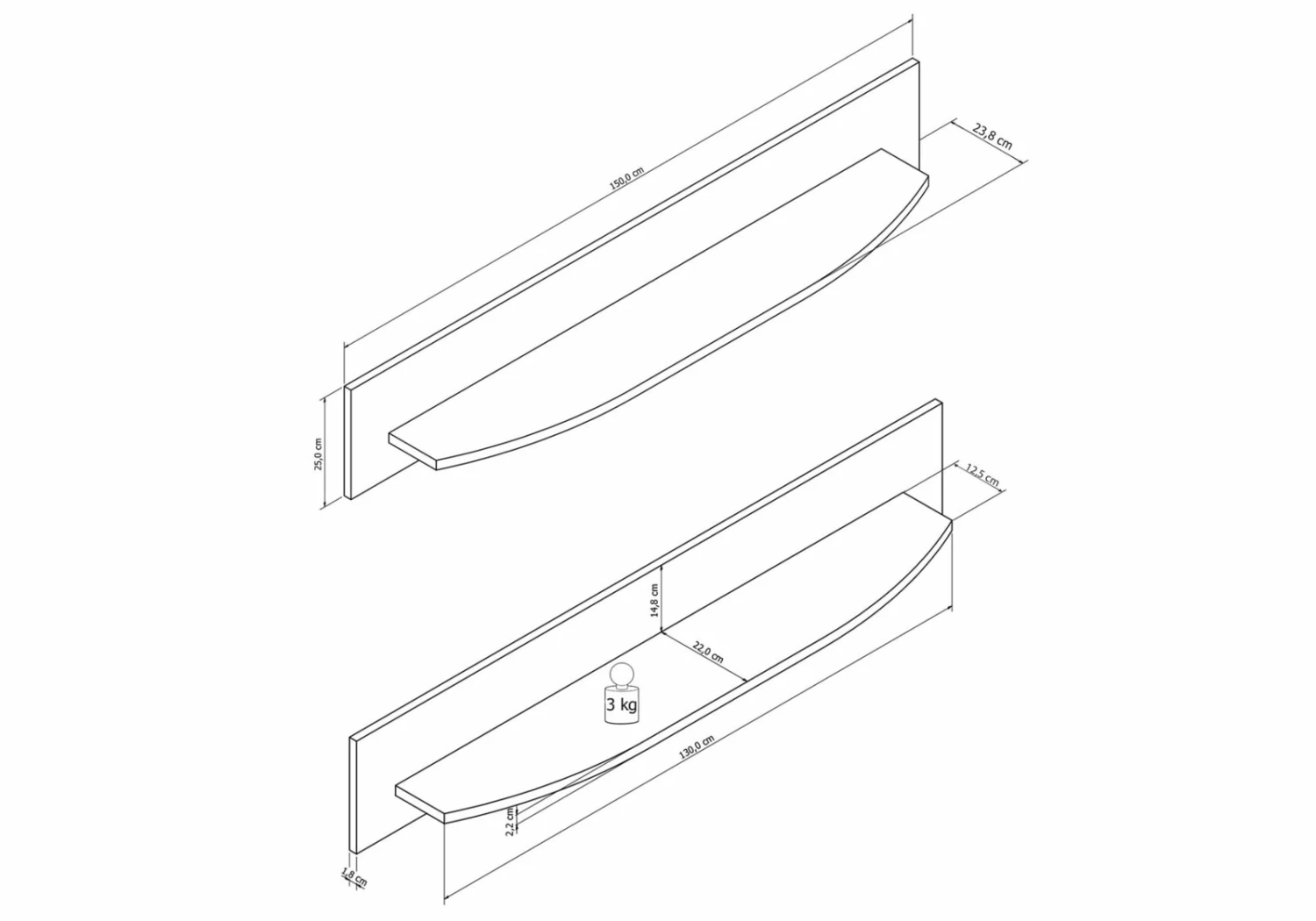 Wandboard - anthrazit - weiß Hochglanz - 150 cm 5 Wandboard - anthrazit - weiß Hochglanz - 150 cm – Bild 3