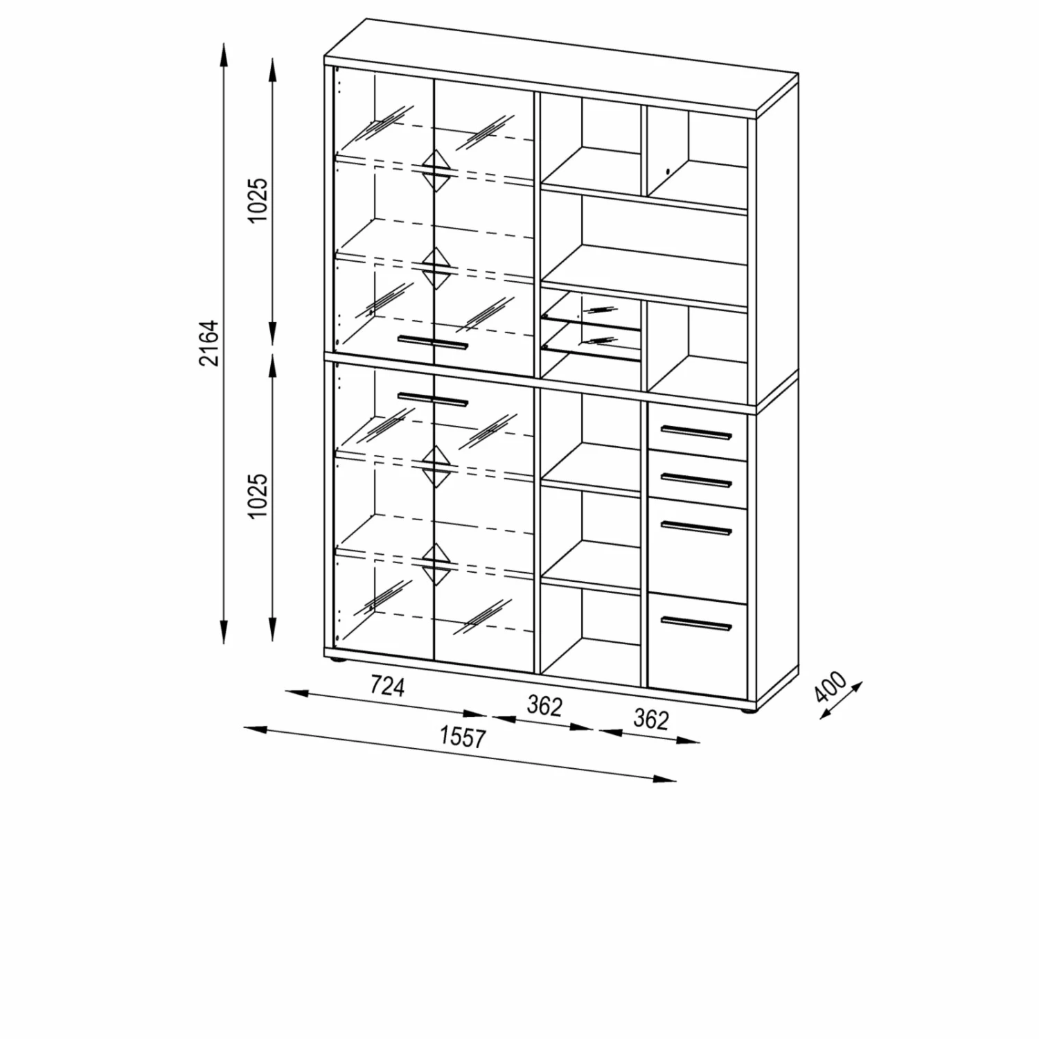Highboard-Regal-Kombi SET+ - Eiche - Grauglas - 156 cm 4 Highboard-Regal-Kombi SET+ - Eiche - Grauglas - 156 cm – Bild 2
