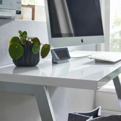 Schreibtisch - weiß Hochglanz - chrom - 120 cm breit -Günstiges Büro Geschäft 9005339000 04 1600Wx1600H